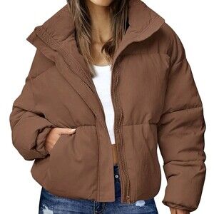 MEROKEETY Short Puffer Coat Stand-Up Collar Baggy Zip Pockets Coffee Brown Sz XS